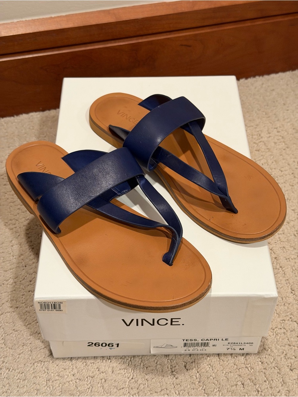 Vince “Tess” Leather Cross-Strap Toe-Loop Sandals in Capri Blue - Size 7.5